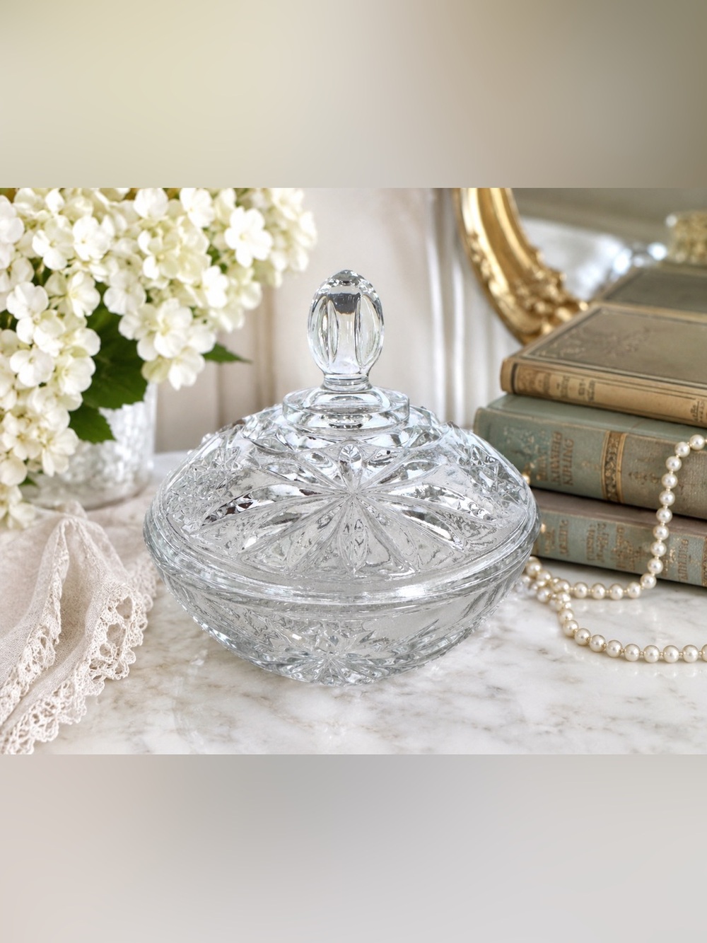 Vintage Pressed Glass Lidded Candy Dish Trinket Bowl Starburst Cottage Decor